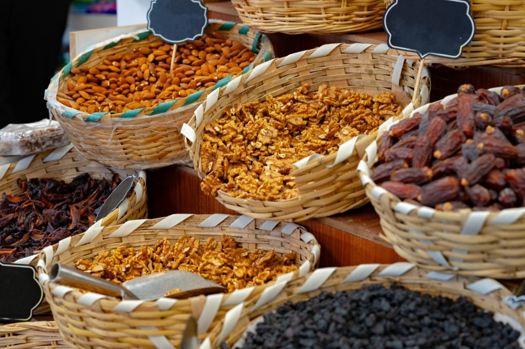 Dried fruits and nuts on local food market in Istanbul